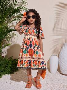 Young Girl Tropical Print V-Neck Short Sleeve Casual Beach Dress, Suitable For Vacation, Spring/Summer - Multicolor - View 1
