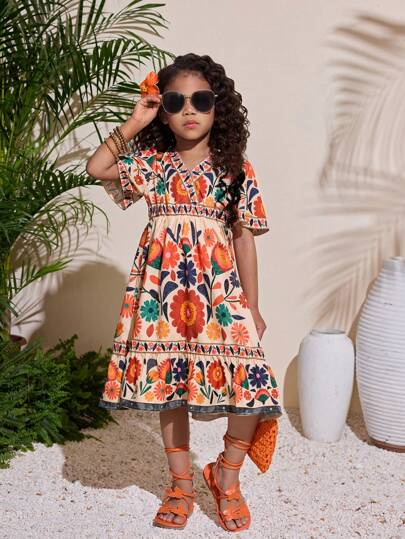 Young Girl Tropical Print V-Neck Short Sleeve Casual Beach Dress, Suitable For Vacation, Spring/Summer