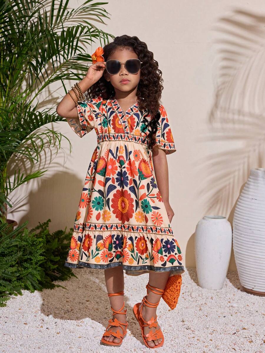 Young Girl Tropical Print V-Neck Short Sleeve Casual Beach Dress, Suitable For Vacation, Spring/Summer - Multicolor - View 1