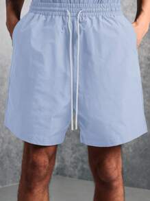 SUMWON Conjunto premium de dos piezas con sudadera de media cremallera y shorts con cordón, estilo urbano y de calle, ropa de estar en casa para el verano - Celeste - Ver 6