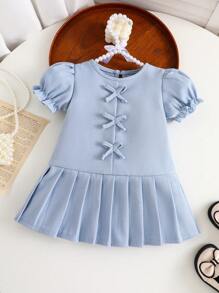 女婴白色连衣裙，蝴蝶结装饰，可爱甜美风格，褶皱下摆，时尚外观，白色优雅泡泡袖连衣裙，适合春夏秋季节，非常适合外出和聚会 - 藍色 - 查看 1