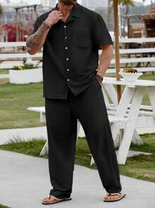 Genlund 大码男士休闲纯色短袖衬衫和裤子套装，夏季舒适服装 - 黑色 - 查看 5