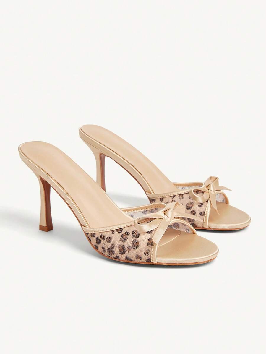 CUCCOO CHICEST 女式 8.8 厘米高跟豹纹网眼蝴蝶结装饰尖头穆勒凉鞋，时尚优雅 - 彩色 - 查看 1