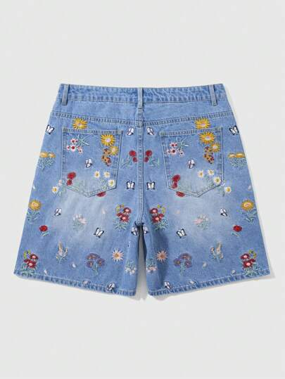 Street Life شورتات جينز للرجال بطبعات زهرية مطرزة، مستهلكة وعادية