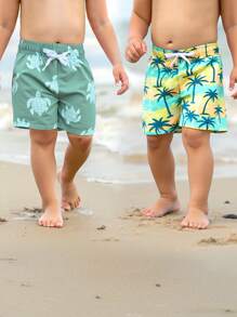 2 件装：男婴棕榈树和海洋生物印花沙滩短裤，男婴沙滩服 - 彩色 - 查看 1