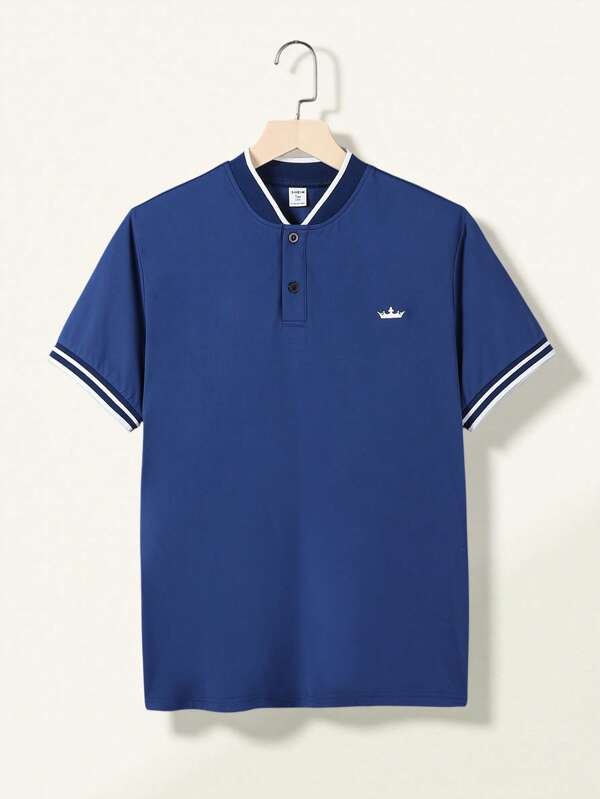 SHEIN Teenage Boys' Casual Stand Collar Knit Polo Shirt