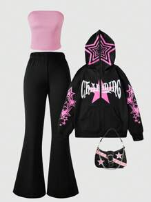 SHEIN ChillGRL Bộ 3 áo hoodie, áo ba lỗ Racerback và quần ống loe in hình ngôi sao cho bé gái tuổi teen, mùa thu - màu đen - Xem 1