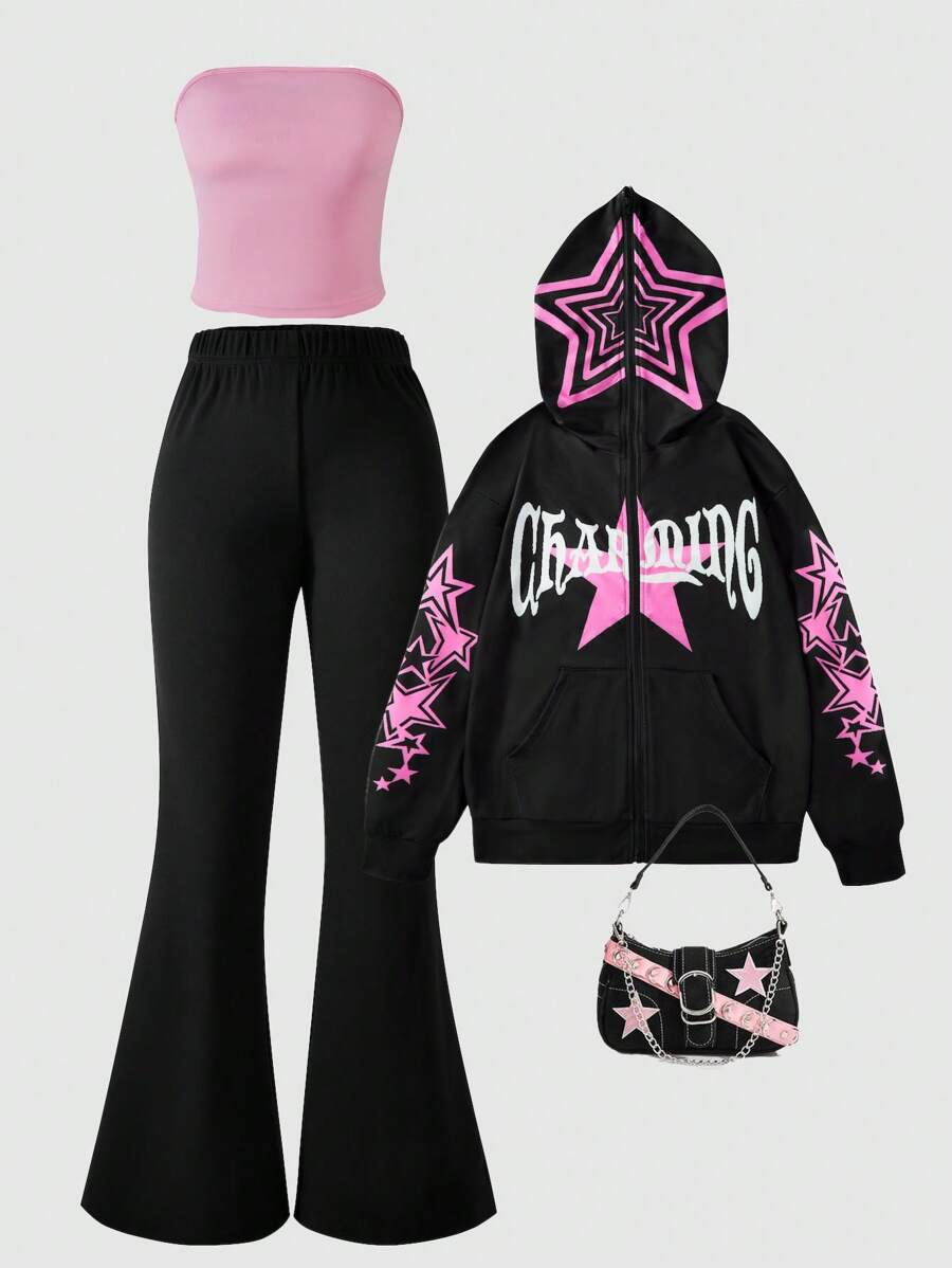 SHEIN ChillGRL Bộ 3 áo hoodie, áo ba lỗ Racerback và quần ống loe in hình ngôi sao cho bé gái tuổi teen, mùa thu - màu đen - Xem 1