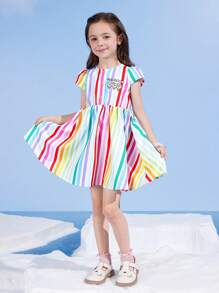 SEALOOK X SHEIN Vestido de manga curta para meninas com estampa de foca e sorvete, estampa colorida de dopamina e férias de verão - Multicolorido - Ver 4