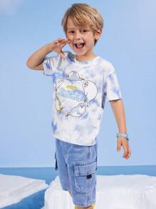 SEALOOK X SHEIN 小男孩卡通可爱海豹蓝色扎染清爽休闲百搭短袖T恤