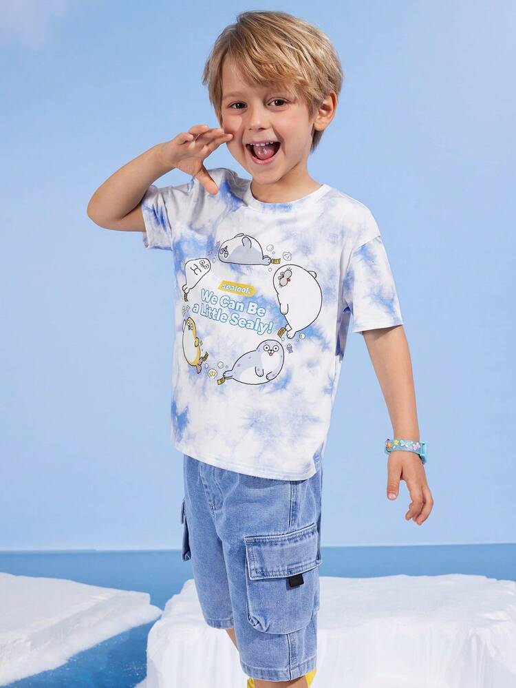 SEALOOK X SHEIN 小男孩卡通可爱海豹蓝色扎染清爽休闲百搭短袖T恤 - 淺藍色 - 查看 4