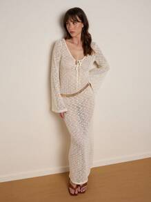 Nöista Elegant Lace Maxi Dress With Long Sleeves,Belt,Cream White,Autumn,Boho,Vacation,Holiday For Graduations,Evening Celebrations,Delicate Detailing - White - View 4