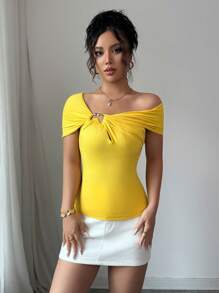 Elenzga Women's Summer T-Shirt, Knitted Fabric, Solid Color Asymmetric Collar, Short Sleeve, Front Button Closure, Pleated Decoration At Sleeve Intersection, Versatile Casual Style - Yellow - View 4