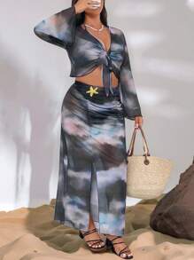 Firerie Plus Size Women's Elegant Vacation Beach French Vcay Tie-Dye Twist Knot Long Shirt + Camisole + Skirt + Leggings Set