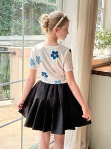 SHEIN LMoss Kids 2件套少女印花针织T恤和迷你裙套装 - 彩色 - 查看 2