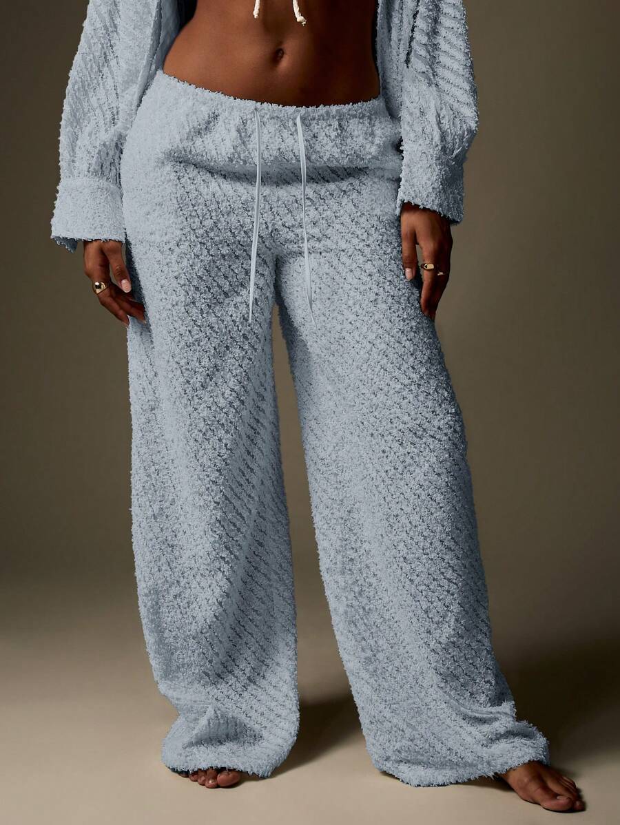 MISSGUIDED テクスチャードシフォンワイドレッグラウンジウェアパンツ ふわふわ あったか ホームラウンジパンツ ウィンター 暖かい ドローストリング ルームウェアボトム くつろぎパジャマパンツ - ブルー - チェックする 1