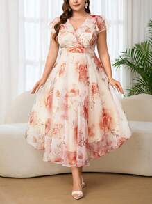 Reflora 大码女式优雅花卉印花连衣裙，夏季婚礼宾客长裙 - 彩色 - 查看 5