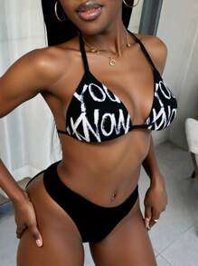Slaydiva Graffiti Letter Print Bikini Set, Fashionable For Summer - Black and White - View 5