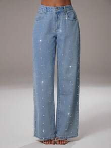 Avantive 俱乐部派对女士毕业办公室西装女士浅蓝色直筒牛仔裤，水钻牛仔裤