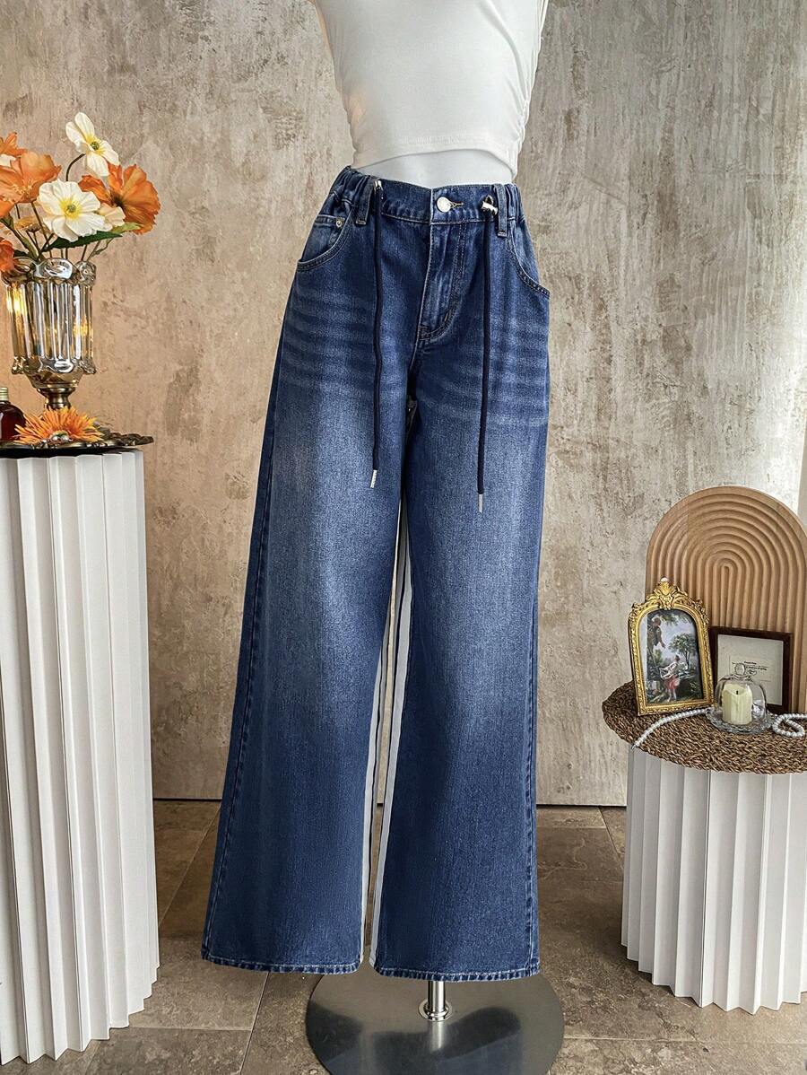 SHEIN EZwear Quần Jeans Ống Rộng Lưng Thấp Màu Xanh Dương Cho Nữ - Màu xanh lam - Xem 1