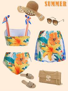 Swim Oasis 女士热带植物印花坦基尼比基尼套装，带结饰和配套纱笼裙