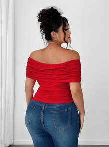 Elenzga Camiseta ajustada con cuello descubierto, volantes y bajo asimétrico para mujer de talla grande