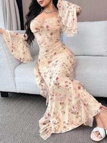 Feyla 女式花卉印花甜心领喇叭袖优雅连衣裙 - 彩色 - 查看 2