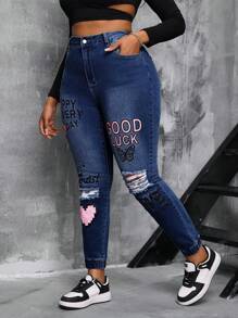 SHEIN SXY Plus Size Denim Stretch Skinny Jeggings With Elastic Waist And Printed Design