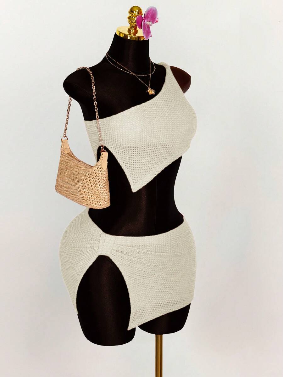 Amplova 2pcs/Set Oblique Shoulder Twist Knot Hem Camisole And Mini Skirt With High Slit - Apricot - View 1