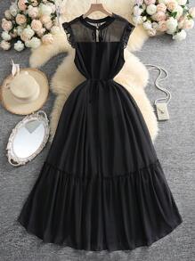 DreamSkyne Plus Size Exquisite & Elegant Women's Large Size Elegant Pearl Chiffon Small Stand Collar Cap Sleeve Long Ruffle Hem Dress Vacation Summer Women Outfit Spring Dress Elegant Formal Women Dresses Evening Dress Maxi Wedding Women Dress Romantic Dress Wedding Guest