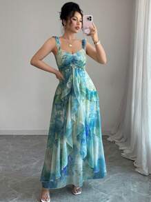 Elenzga 女式优雅飘袖心形领口收腰荷叶边分层不对称下摆 A 字形扎染水彩花卉印花长款连衣裙，休闲夏季 - 彩色 - 查看 5