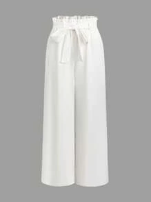 Pantalones largos elegantes de pierna ancha, sueltos, con diseño retorcido en la cintura, de unicolor para mujeres - Blanco - Ver 1