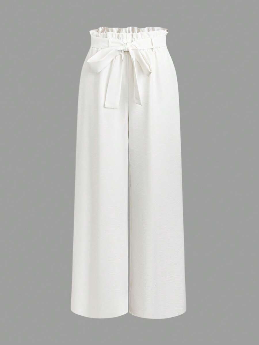 Pantalones largos elegantes de pierna ancha, sueltos, con diseño retorcido en la cintura, de unicolor para mujeres - Blanco - Ver 1