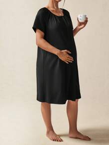 SHEIN Maternity Round Neck Raglan Sleeve Single-Breasted Nursing Dress - Black - View 7