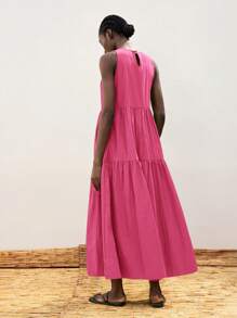 Maija Women's Fuchsia Oversized Pleated Circular Hem Design Casual Loose Fit Comfortable Round Neck Sleeveless Horizontal Splicing Dress, Elegant Resort Boho Beach Maxi Dress - Hot Pink - View 2