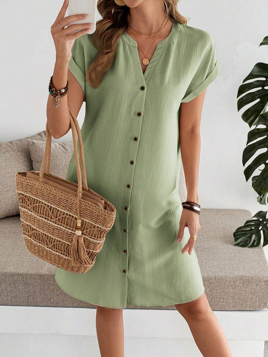 EMERY ROSE 女式纯色 V 领蝙蝠袖短袖单排扣休闲连衣裙，夏季 - 綠色 - 查看 1