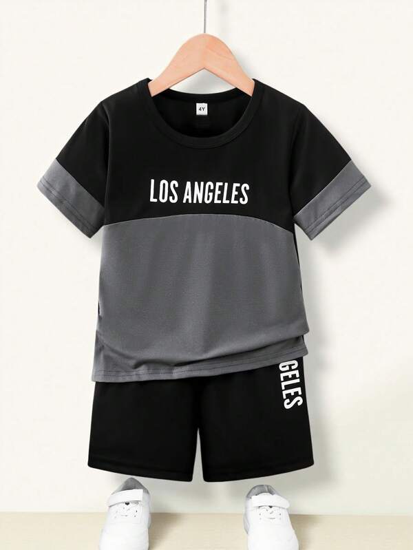 SHEIN 2pcs Toddler Boys Casual English Letter Print Short Sleeve T-Shirt And Shorts Set, Summer