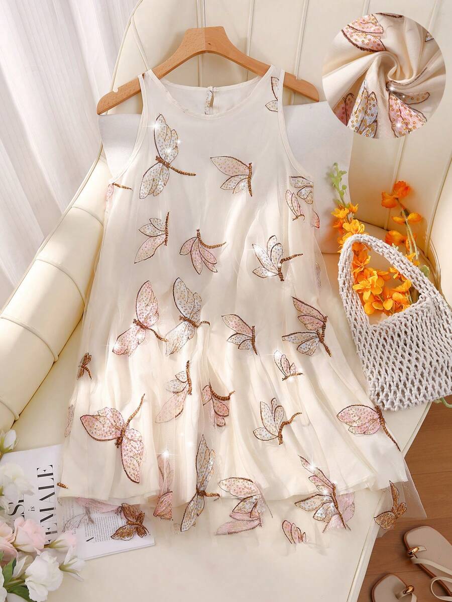 Franclia 女士优雅刺绣亮片装饰网眼无袖圆领短款 A 字连衣裙，杏色，夏季 - 杏色 - 查看 1