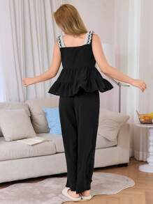 SHEIN 2 件套女士无袖分层刺绣镂空上衣和裤子睡衣套装假日季节 - 黑色 - 查看 2