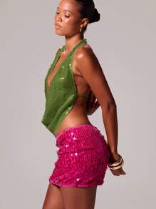 MUSERA 露背吊带露肩亮片无袖上衣，适合伊比沙岛度假、春节、浪漫优雅的生日派对、锐舞派对、可爱节日、牛仔风、圣诞节等场合，尽显优雅气质。 - 墨綠色 - 查看 3