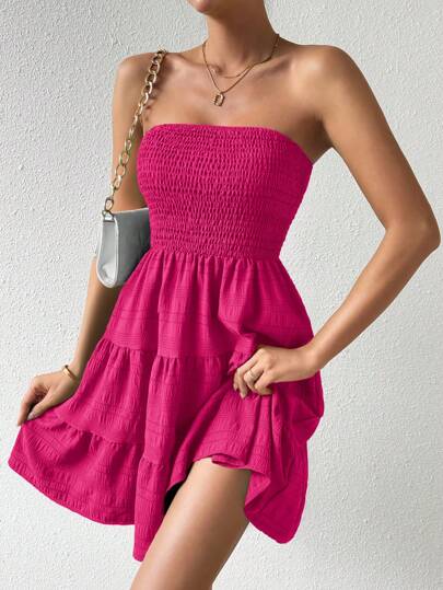 Chiquease 女士纯色露肩多层下摆度假连衣裙