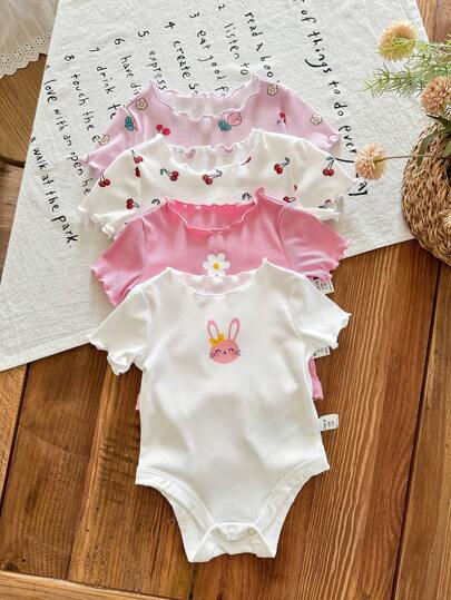 SHEIN LMoss Kids 4pcs Newborn Baby Girl Cute Knitted Rabbit & Ditsy Floral Short Sleeve Bodysuit Set, Summer Graphic