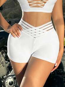 SHEIN SXY Low-Rise Women's Sexy Mesh Splice Short Leggings - White - View 3