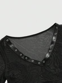 ROMWE Bộ đồ liền thân lưới thêu họa tiết da rắn Goth đi biển mùa hè - màu đen - Xem 4