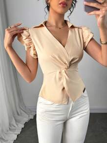 Elenzga Women's Solid Color Cap Sleeve Waist Twist Design V-Neck Blouse - Apricot - View 5