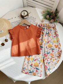 LMoss Kids Set 2 Potong LMoss untuk Anak Perempuan: Atasan Rajut Warna Polos dengan Kerah Berkerut dan Celana Longgar Motif Bunga Kecil Tenun - Coklat - View 5