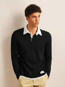 SWAVVY Men Cotton Patch Detail 2 In 1 Long Sleeve Polo Shirt, For Vacation, Friends, Fall - Black - View 1