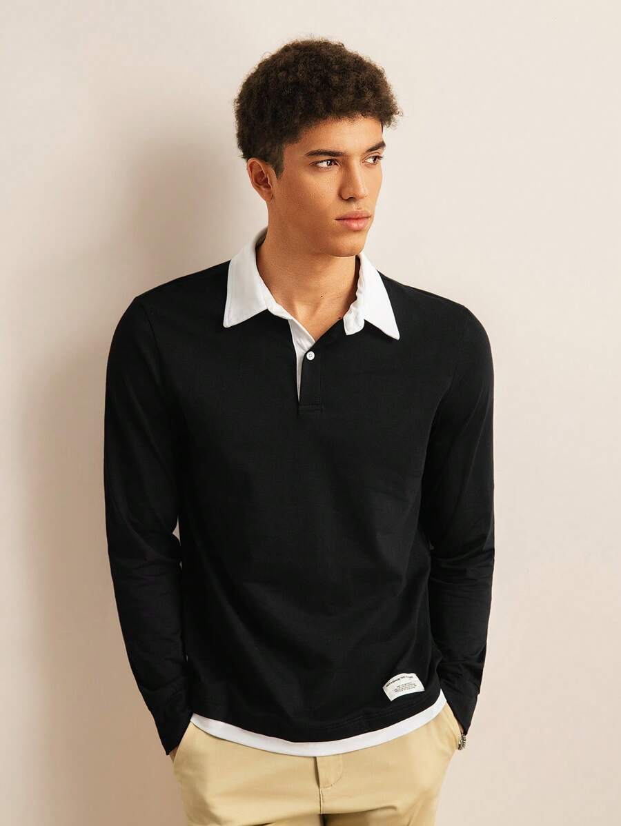 SWAVVY Men Cotton Patch Detail 2 In 1 Long Sleeve Polo Shirt, For Vacation, Friends, Fall - Black - View 1