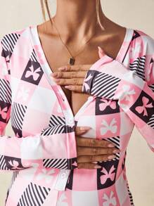 SHEIN Pregnant Women's V-Neck Bow Print Long Sleeve One-Piece Jumpsuit With Buttons - Multicolor - View 6