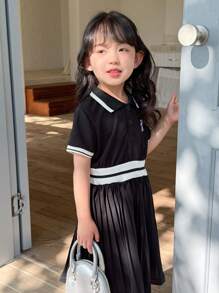 Young Girl Summer Fashion Pony Embroidery Striped Patchwork Polo Collar Half-Placket Short Sleeve Dress - Black - View 4